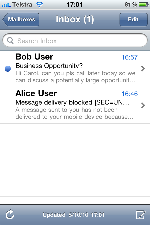 iPhone mail inbox showing jausGATE message replacement